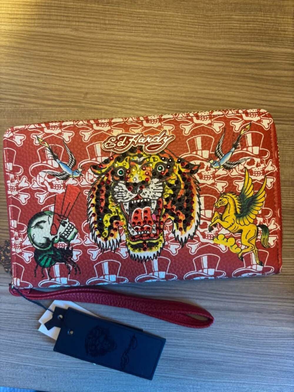 NWT Ed Hardy Red Rhinestone Tiger Tattoo Zip Around Wristlet Wallet Skull Pegasu